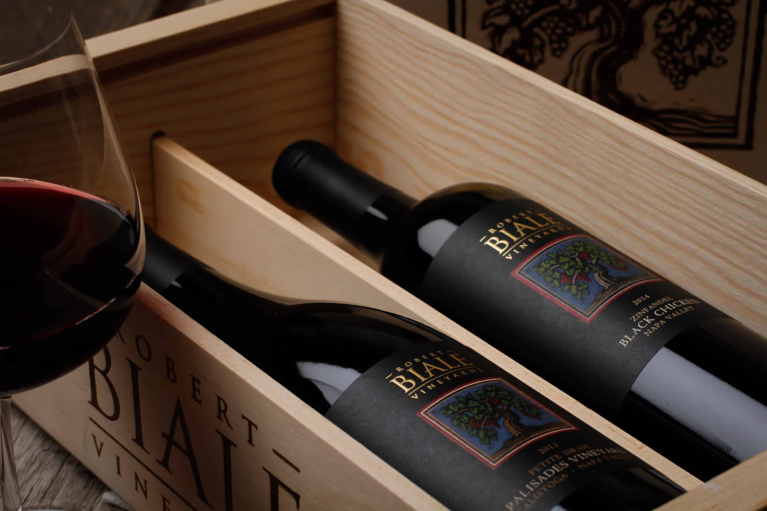 wooden wine box with Biale logo on it with two bottles of Biale wine inside