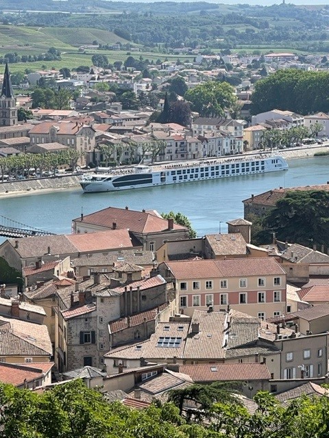 Birdseye view of buildings on either side of large river with large cruise ship in water