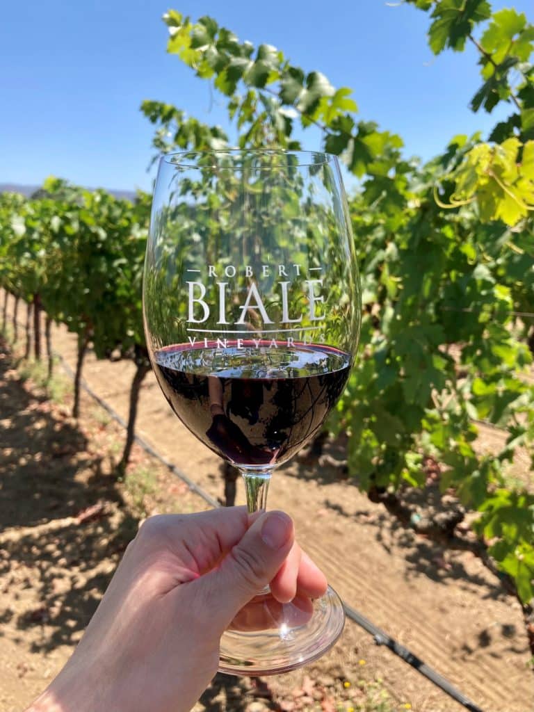 hand holding a glass of red wine in a Biale logo glass with vines in the background